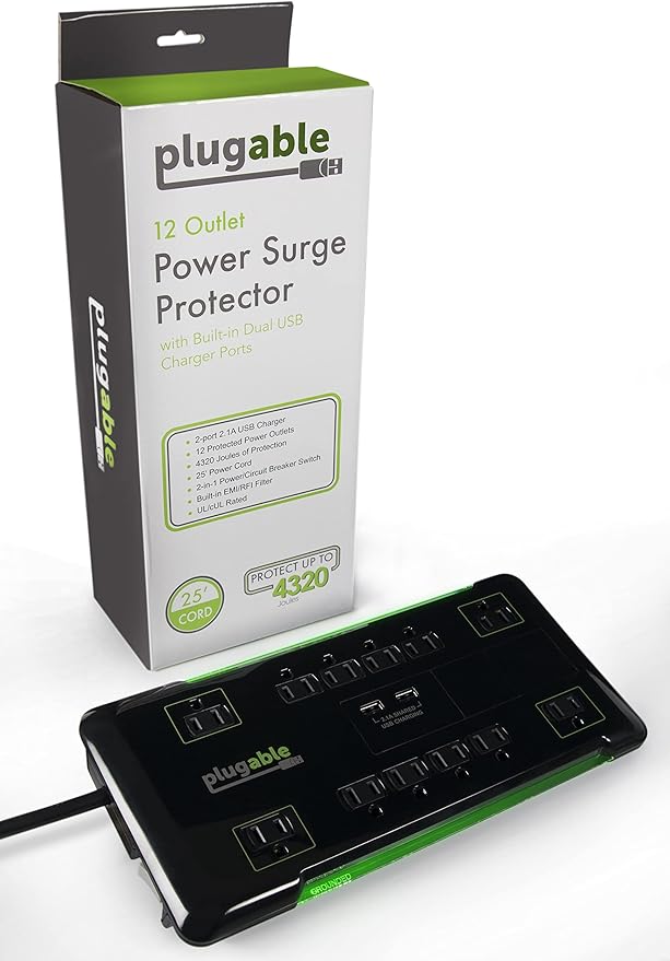 Plugable Surge Protector Power Strip with USB and 12 AC Outlets, Built-in 10.5W 2-Port USB Charger for Android, Apple iOS, and Windows Mobile Devices, 25 Foot Extension Cord