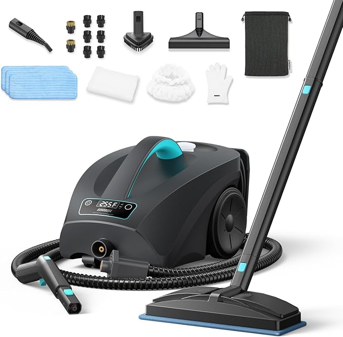 GROBELL Steam Cleaner: 40s Fast Heating-0.66Gal (2.5L) Large Tank-21 PCS Kit-No Cooling-Refill Anytime-Detachable Hose Steamer Mop for Home Grout Tile Shower Floor Cleaning Black