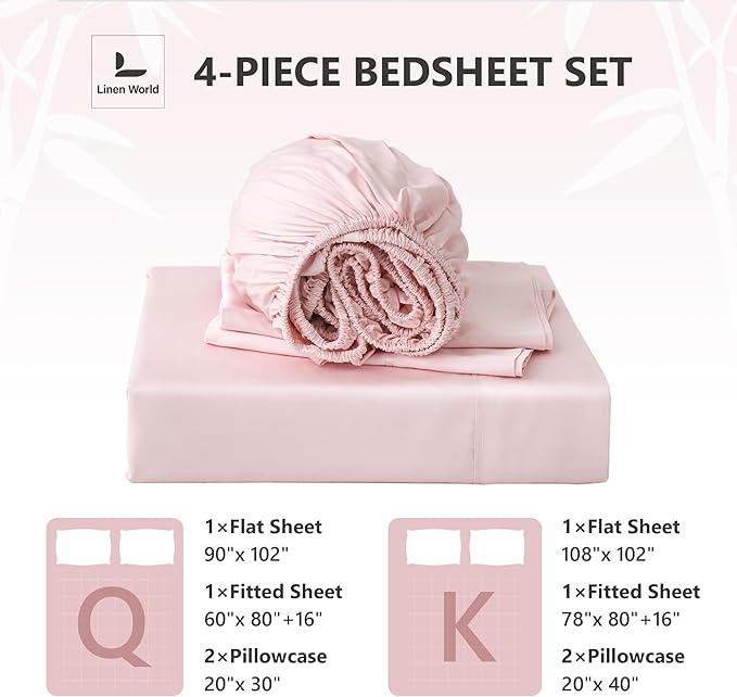 Linen World Queen Size 400TC Cooling Bed Sheet Set - 100% Organically Grown Viscose Sheets, Silky Soft & Breathable, Deep Pocket Fits Up to 16", 4-Piece Sheets with Pillowcases,Baby Pink