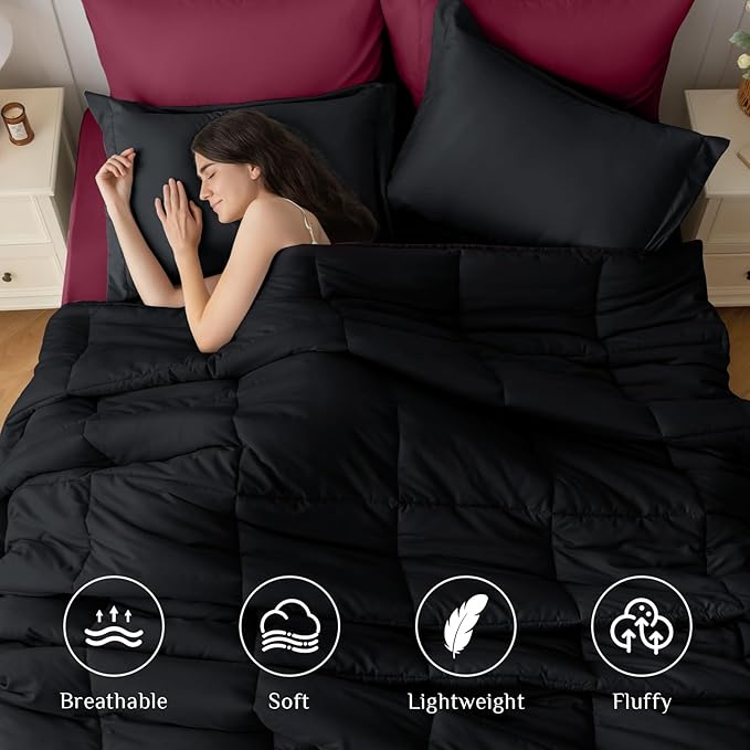 JOLLYVOGUE Full Comforter Set, Ultra-Soft Bed in a Bag Full Size 7 Pieces, Oeko-TEX Certified Bedding Set with Down Alternative Comforter, Sheets, Pillowcases & Shams, Burgundy & Black