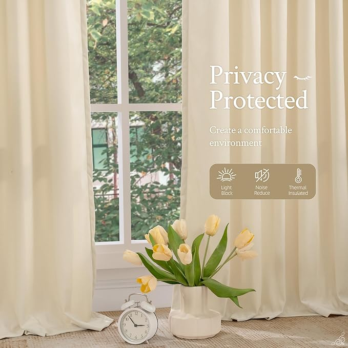 LAMIT Beige Velvet Curtains for Living Room 96 Inches Long, Elegant Thermal Panels Noise Reducing Back Tab and Rod Pocket Drapes for Bedroom/Farmhouse, 2 Panels, 52 x 96 Inch