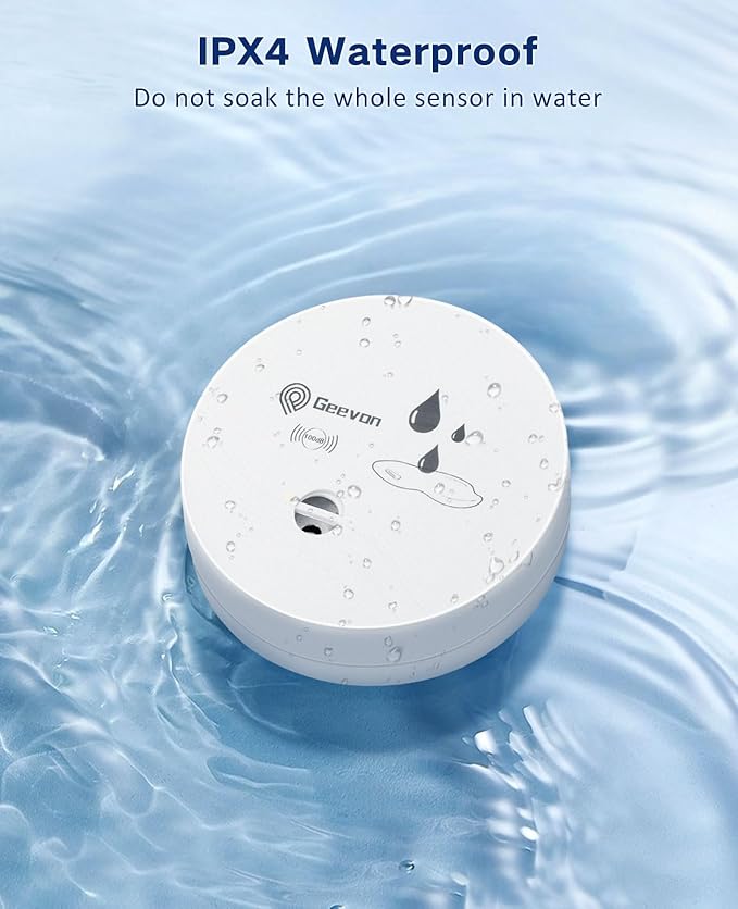 Geevon 4 Pack Water Leak Detectors, 100dB Water Sensor Alarms Flood Detector for Basements, Bathrooms, Laundry Rooms, Kitchens, Garages, and Attics, Water Alarms Battery-Operated (Battery Included)