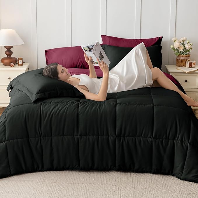 JOLLYVOGUE Twin XL Comforter Set, Ultra-Soft Bed in a Bag Twin XL Size 5 Pieces, Oeko-TEX Certified Bedding Set with Down Alternative Comforter, Sheets, Pillowcases & Shams, Burgundy & Black