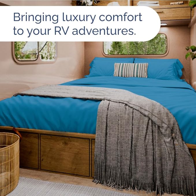 RV Short Queen Sheet Set 60 X 75 - 4 Piece RV Short Queen Bed Sheets - Soft, Breathable & Cooling - Designed for Bunks, Trailers & Campers - Fits 8” to 12" Mattress - Hotel Luxury Bedding - Denim Blue