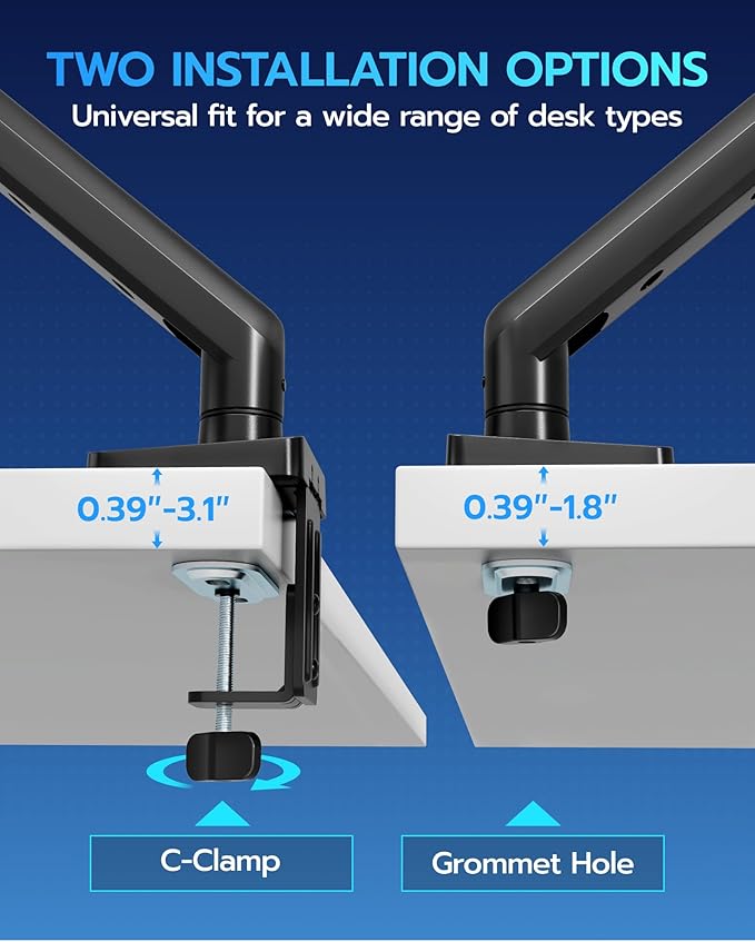 ARES WING Heavy Duty Single Monitor Arm - Fully Adjustable Monitor Mount for 40 34 32 27 Inch Ultrawide Screens Up to 26.4 lbs with Clamp/Grommet Desk Mount and USB A/C, 75/100 Vesa Mount, Black