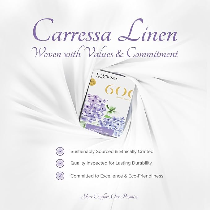 Carressa Linen 100% Egyptian Cotton Pillow Cases Queen Size Set of 4 - Luxury 600 Thread Count White Standard/Queen Size Pillowcases, Silky Soft, Cooling Sateen Weave Hotel Quality Bed Pillow Cover