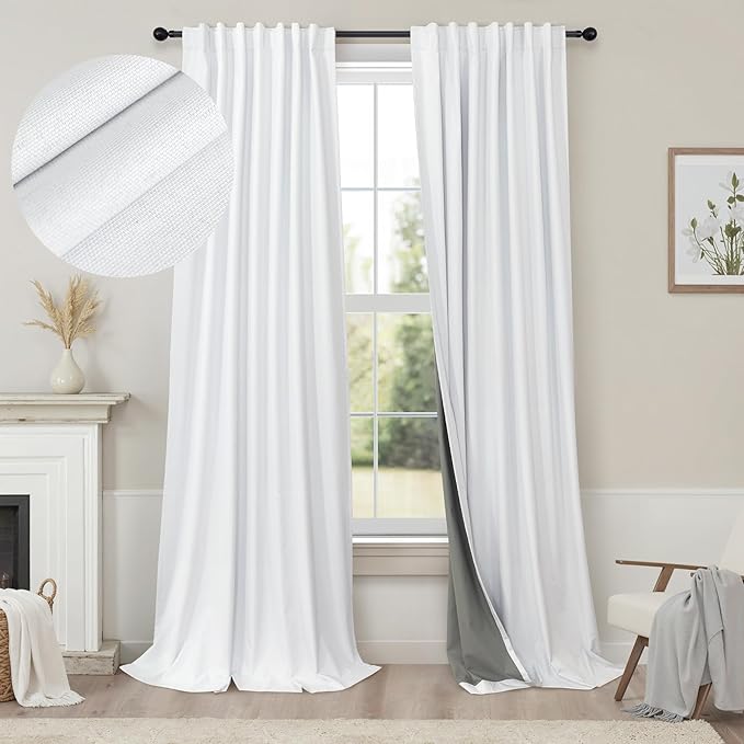 Pitalk 100% Blackout Curtains for Bedroom White 100 Inch Length Living Room Black Out Shades Faux Linen Designer Custom Drapes for Windows Treatments Thermal Insulating 100 Inches Long 2 Panels 2Pcs