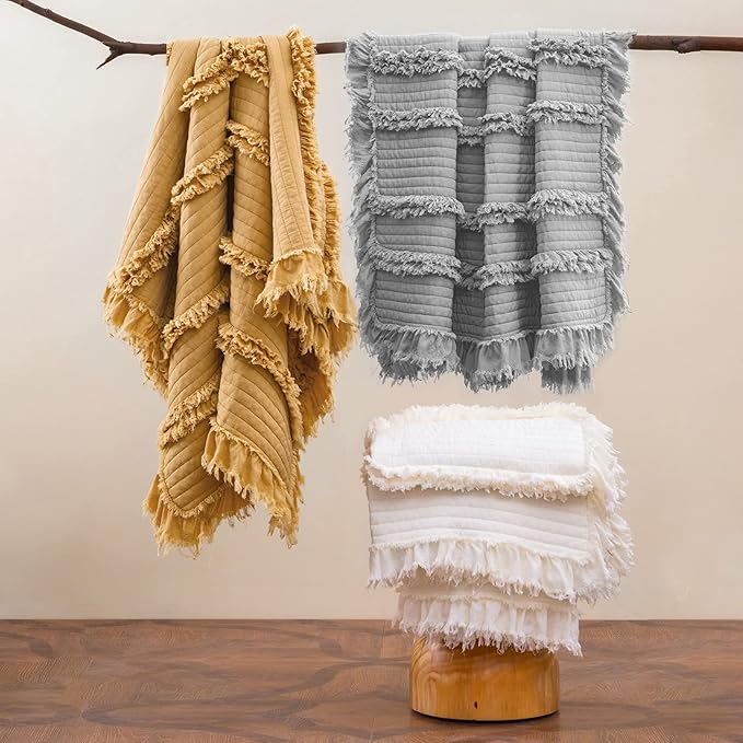 HORIMOTE HOME Stone Washed Quilted Throw Blanket with Ruffle Fringe Design - Soft & Chic Rustic Decorative Blanket for Couch, Bed, Chair - Pre-Washed Grey Boho Style - 50"x60"