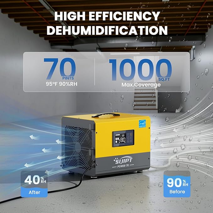 Crawl Space Dehumidifier with Pump, Sijipt 70 Pints Commercial Dehumidifier for Basement, Energy Star Dehumidifier with Drain Hose, Auto Defrost, Memory Restart, Covers Up to 1000 Sq Ft