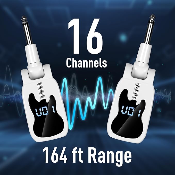 Devilclaw UHF Wireless Guitar System- 16 Channel Rechargeable Transmitter Receiver with Volume Control - Interference-Free Adapter for Bass Instruments(White)