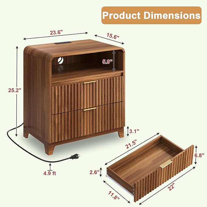 3 Pcs Dresser Closet Bedroom Set, 7 Drawer Fluted Dresser and Nightstand Set of 2 with Charging Station, Modern Bed Side Table Chest of Drawers Storage Cabinet Set for Bedroom, Living Room, Walnut
