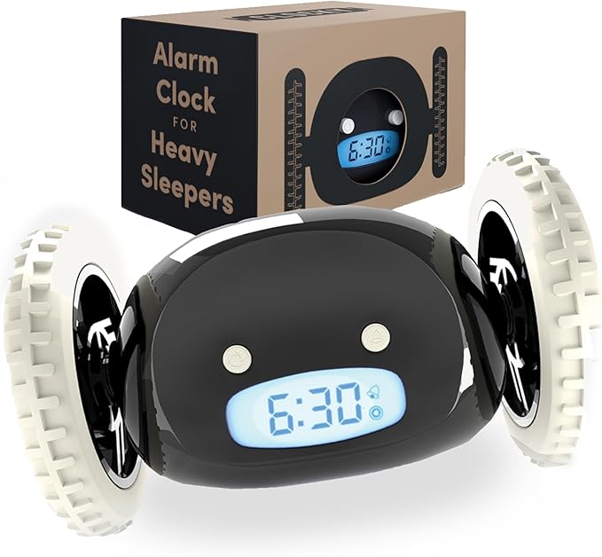 CLOCKY Extra Loud Alarm Clock for Heavy Sleepers on Wheels Rolls Runs Away Vibrating, Easy to Set Super Smart Snooze Digital Bed Shaker Alarm Clock Funny Gift for Adults Kids Teens Bedrooms (Black)