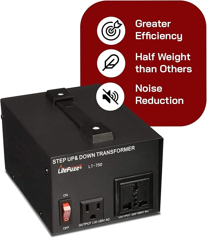 LiteFuze 750 Watt Voltage Converter Transformer Step Up/Down - 110v to 220v / 220v to 110v Power Converter - Fully Grounded Cord - Universal Socket, CE Certified [5-Years Warranty] (LT-750)
