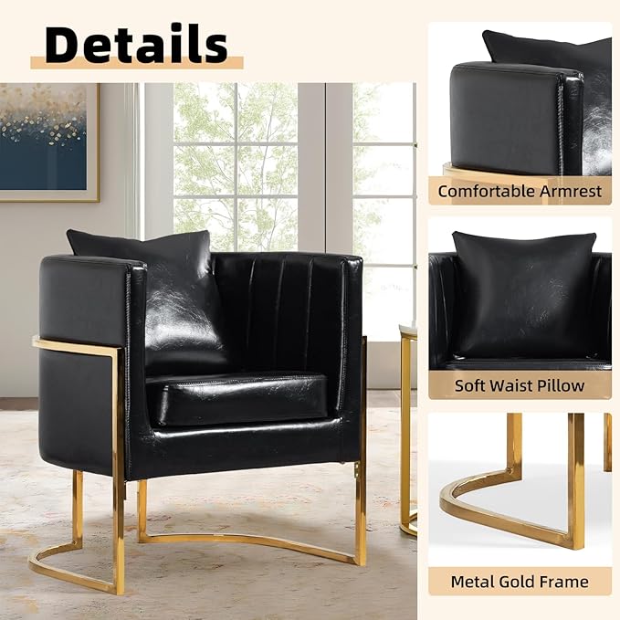 Modern Leather Accent Chair, Mid Century Upholstered Barrel Armchair with Pillow for Living Room, Comfy Single Vanity Chair with Metal Gold Legs for Bedroom, Black
