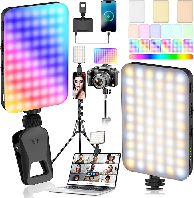 Selfie Light with Built in Power Bank, 96+ CRI Studio Lighting - 2000mAh Charges Phone, 2-24H Runtime with 3 Colors & RGB Modes Sturdy 360° Clip, for Professional Selfies, Video Conferencing (Black)