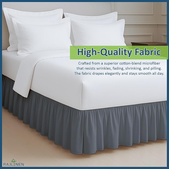 Rajlinen Ruffled Bed Skirt Twin, 8 Inch Drop Dust Ruffle with Split Corners, 100% Microfiber Bedskirt with Platform, Three-Sided Coverage Ruffled Gathering Design, Dark Grey