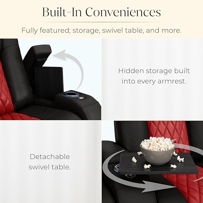 Seatcraft Diamante Zero-Gravity CoolZero Italian Leather Home Theater Seating, Power Headrest, Power Recline, Row of 4 Middle Loveseat, Black/Red