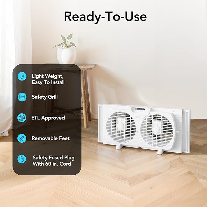 Comfort Zone Window Fan for Bedroom, 9 inch 3 Speed Dual Fans with Auto-Locking Expanders, Window Exhaust Fan, Removeable Bug Screen, White