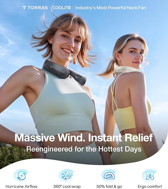 TORRAS COOLiTE Neck Fan, Industry’s Strongest Wind Power, Portable Neck Fan with 14H Battery, 360° Cooling Neck Fan, Lightweight & Foldable Neck Fans for Outdoor, Travel, Gifts for Dad, Women, Blue