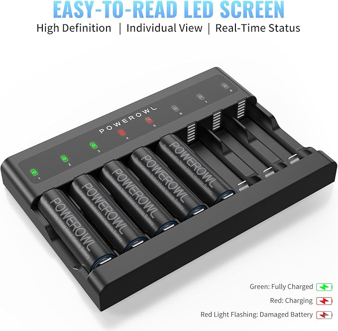 POWEROWL AA AAA Battery Charger 8 Bay, Independent Slot, USB Fast Charging for Ni-MH Ni-CD Rechargeable Batteries