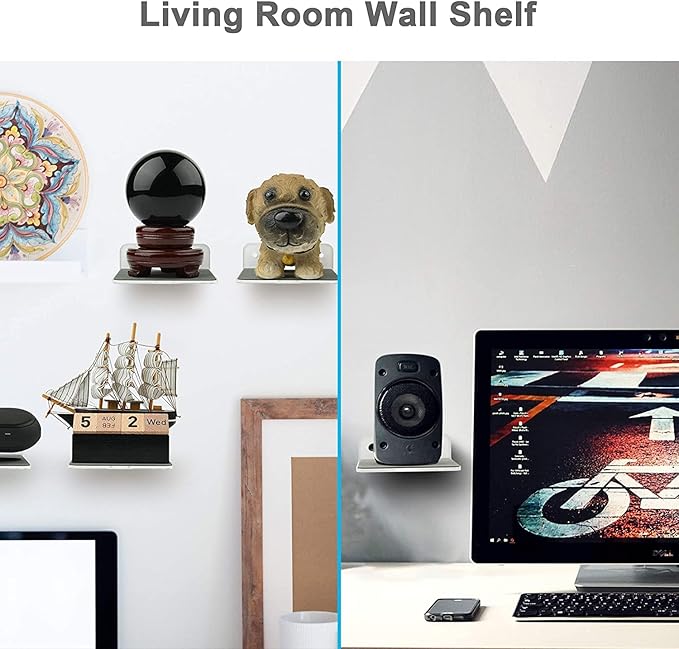TXEsign Floating Speaker Shelf - Small Wall Mount for Speakers, Webcams, Displays - Acrylic Shelf in Silky White & Transparent