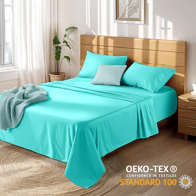 LBRO2M 100% Cotton Sheets Set Deep Pocket 19", 1000 Thread Count Queen Size 4 Piece Bed Sheet Sets Soft Comfortable Bedding All Season (Queen, Lake Green)