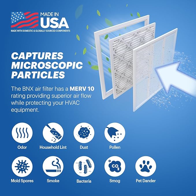 BNX TruFilter 20x25x1 MERV 10 (4-Pack) AC Furnace Air Filter - MADE IN USA - Pleated Air Conditioner HVAC AC Furnace Filters - Removes Odor, Mold, Bacteria, Smoke