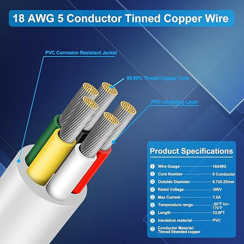 18 Gauge 5 Conductor Electrical Wire, 32.8 FT Low Voltage 18/5 Tinned Copper Stranded 5 Wire Cable, 18 AWG White Flexible Extension Power Cord for Automotive, LED Lamp, Outdoor Landscape Lighting Etc