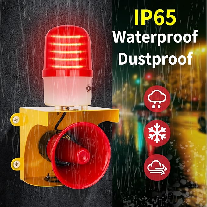 kbaoele AC110V Industrial Siren Alarm Strobe Light-120dB Loud Horn&Waterproof Red Beacon Warning Light for Emergency,Factory,Fires,Tornado,Intruder Deterrent (with Switch&Volume – Adjustable 0–120dB)
