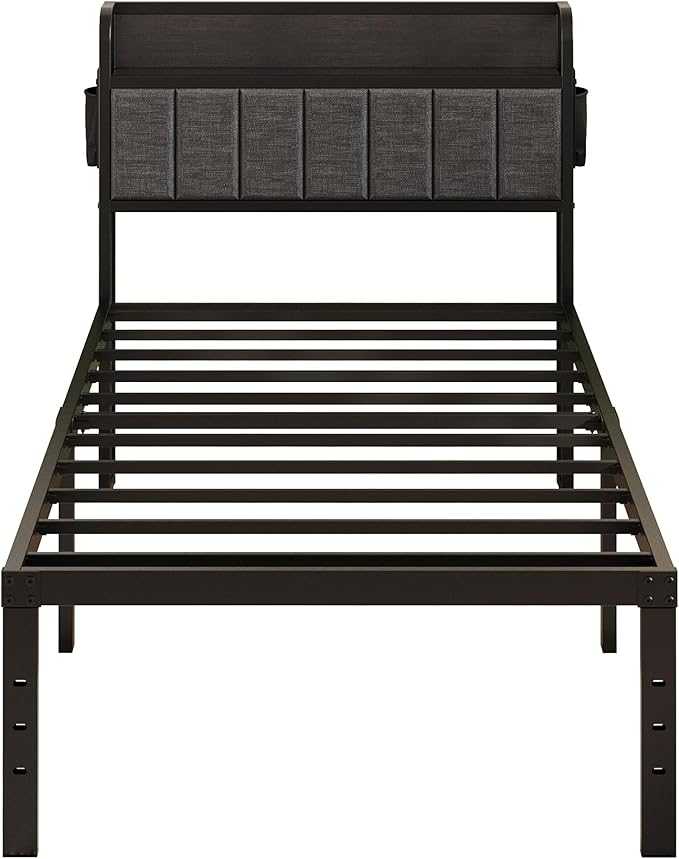 16 Inch Twin XL Bed Frames with Upholstered Storage Headboard, Heavy Duty XL Twin Bed Frame No Box Spring Need, Gray