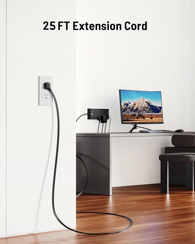 Surge Protector Power Strip 4800J, LeZone 25Ft Long Extension Cord Flat Plug, 12 Outlets 2 USB C 2 USB Ports, Wall Mountable, Desk Charging Station, Black