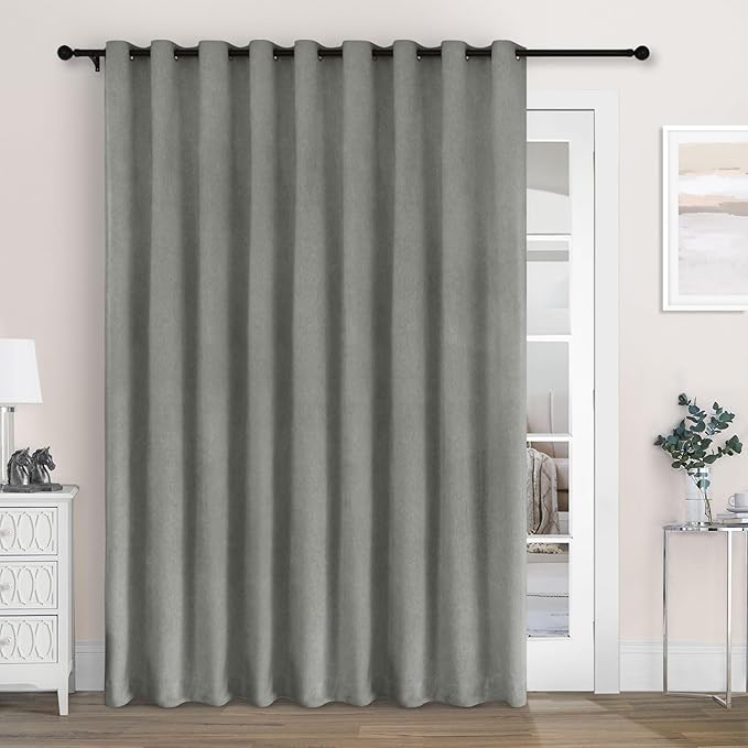 Macochico 100% Blackout Chenille Curtains for Sliding Door Thermal Insulated Noise Reducing Drapery for Living Room Bedroom Hotel, Grommet Curtains with Tieback, Rock Grey, 120" Wx96 L 1 Panel