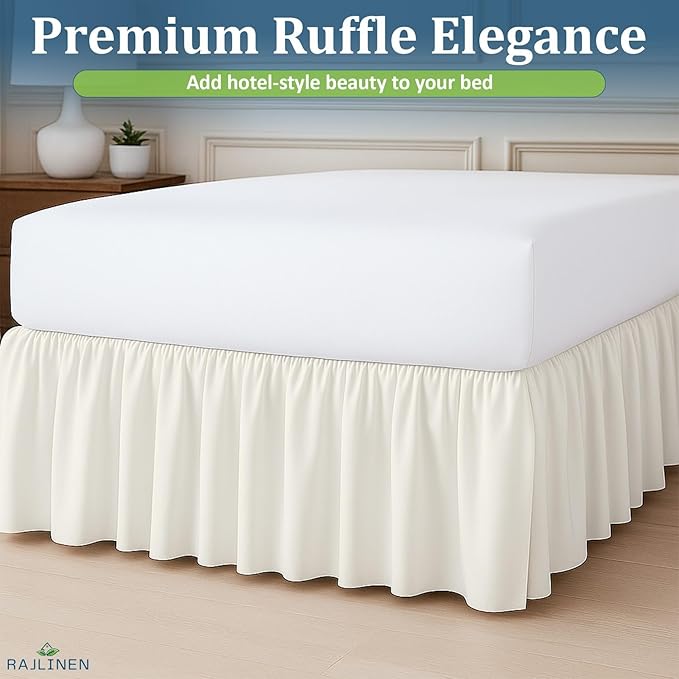 Rajlinen Ruffled Bed Skirt King, 24 Inch Drop Dust Ruffle with Split Corners, 100% Microfiber Bedskirt with Platform, Three-Sided Coverage Ruffled Gathering Design, Ivory