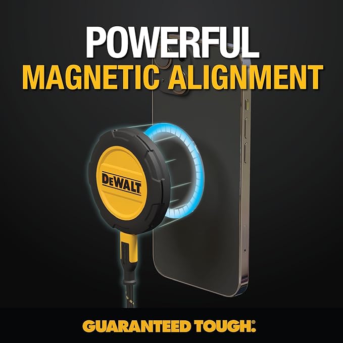 DEWALT Heavy Duty Wireless Charger, 15W Max Cell Phone Charger, Fast Wireless Charging Pad for MagSafe Compatible iPhone 17/16/15/14/13/12 Plus Pro Max, Includes Wall Mounting Plate (No AC Adapter)