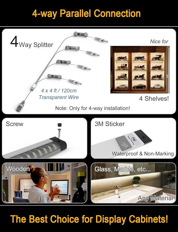 EBD LED Under Shelf Lighting, 4-Way Parallel Light Bar, 12-Panel Cabinet Lights, 3000K 5400Lm Counter Lights with Slack-Free Wiring, Maximized for Spacious 4-Layer Showcase, Bookcase & Storage Rack
