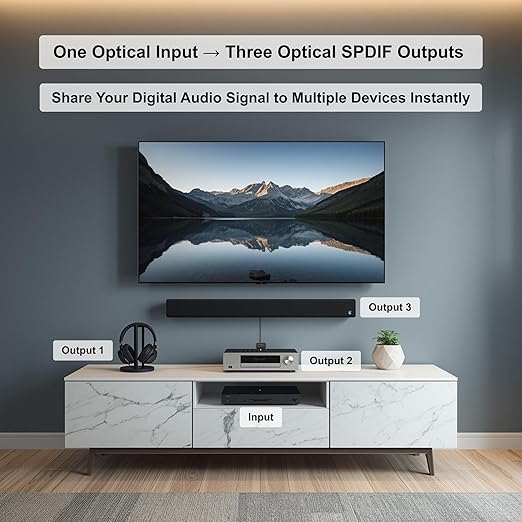 J-Tech Digital 1x3 Optical Audio Splitter, 1 in 3 Out Toslink SPDIF Digital Audio Splitter for TV, Soundbar, Home Theater, Digital Audio 5.1 LPCM2.0, Plug and Play [JTD-SP0103]