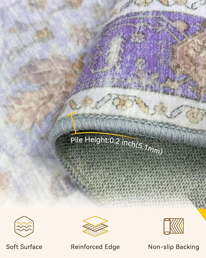 Area Rugs 2'x10' Washable Non-Slip, Floral Vintage Distress Print Pattern Medallion Carpet for Living Room Bedroom Dining Room, Light Purple Brown