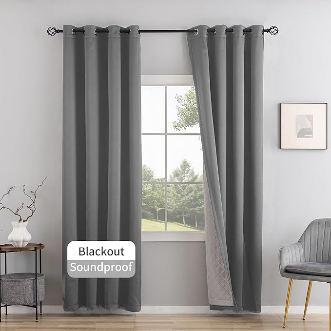 3-in-1 Layers Soundproof Curtains,Grommet Full Blackout Thermal Noise Dampening Curtains for Living Room, Bedroom(1 Panel,Grey,50" x96")