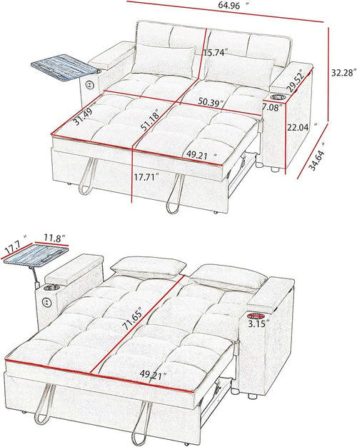 65'' Convertible Sleeper Sofa Bed with Adjustable Backrest, Chaise Lounge, Side Table & USB/Type-C Ports – Stylish & Functional Addition to Any Living Room (Black)