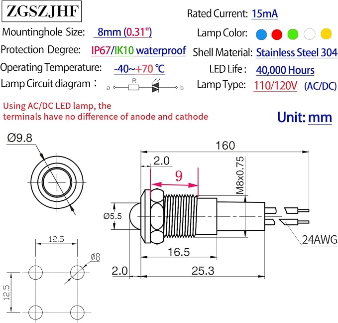 ZGSZJHF UL Listed Mini Indicator Light 8mm 0.31" Waterproof IP67 110V-120V Domed Sphere High Head Metal 304-Stainless Steel LED Lamp Pilot Light with 140mm Wire Yellow
