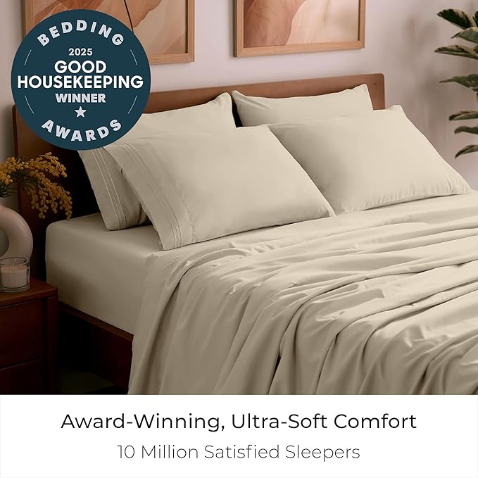 Mellanni Split King Sheet Set - 7-Piece Iconic Collection Bedding, (Including 4 Pillowcases), 16-Inch Deep Pocket, Easy Care, Extra Soft, Cooling Sheets, Brushed Microfiber - Beige