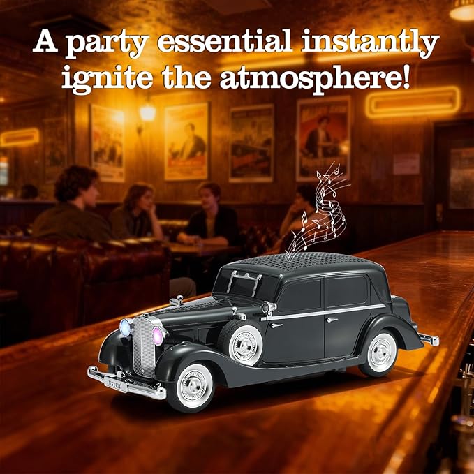 WSTER Vintage Car Bluetooth Speaker, Retro Classic Model with Powerful Sound, Built-in Mic, TWS Dual Pairing, Multi-Interface Output, Portable Wireless Outdoor Speaker for Parties & Beach (Black)