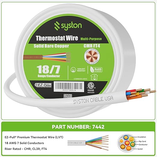 Syston 18/7 Thermostat Doorbell HVAC Heating Control Cable Wire, 100% Solid Copper Conductors CL3R/FT4/CMR Riser-Rated UL/ETL Listed, UV Resistant RoHS for Indoor/Outdoor Low Voltage Applications Use
