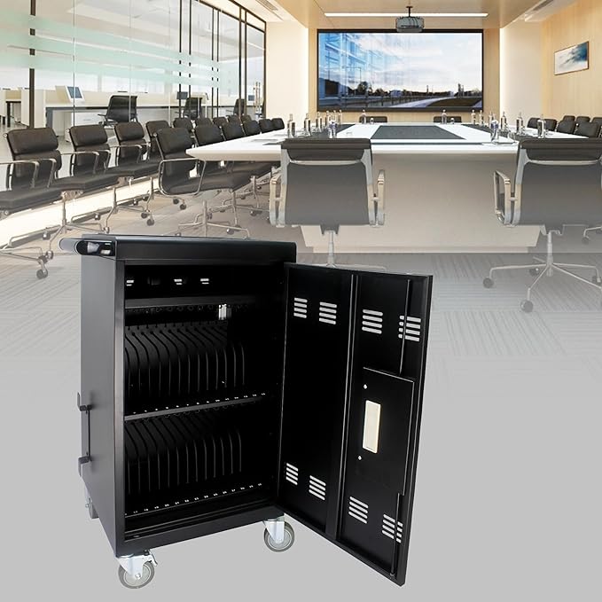 Aokleo 32 Devices Laptop Charging Cart with Password Lock,Tablet Storage Carts for Pad Up to 16.3" Screen,Classroom Computer Mobile Charging Station for Pads,Chromebooks,Laptops(Black - Password Lock)