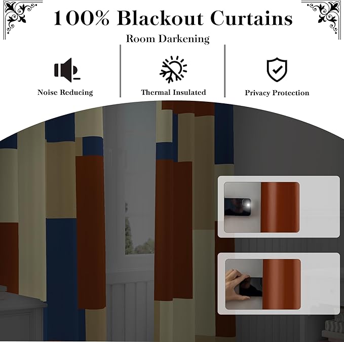 Terracotta Blue 100% Blackout Curtains for Bedroom 96 inch Long 2 Panels Set Modern Abstract Geometric Black Out Curtains Insulated Room Darkening Window Drapes for Living Room, 52Wx96L