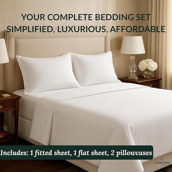 Cloud Scape Linen 100% Egyptian Cotton Sheets Full Size, 4 Pieces Luxury Bedding Set, 400 Thread Count,Hotel Quality, Silky Soft, Deep Pockets up to 17, White
