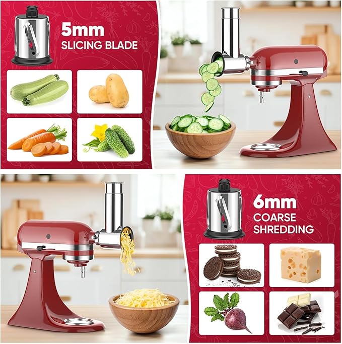 Stainless Steel Slicer Shredder Attachment for KitchenAid Stand Mixer, Salad Machine with Vegetable Slicer, Salad Maker, Grinding Powder, Cheese Grater by Cofun