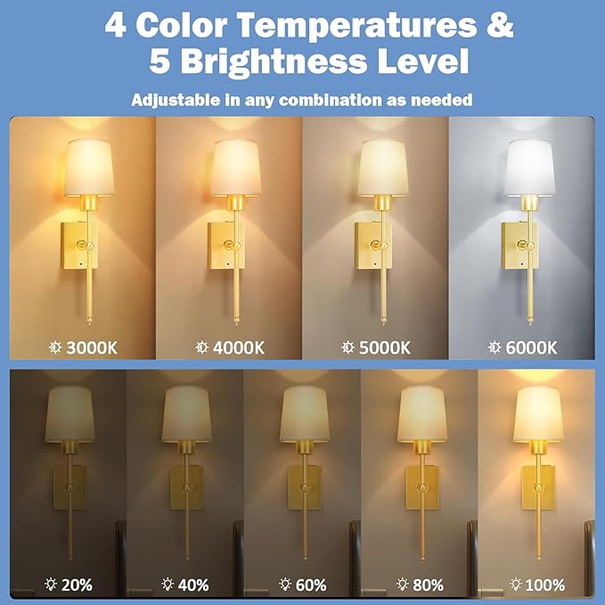 Upgrade Battery-Operated Wall Sconces Set of 2 pieces: Rechargeable Wall Lights 8000mAh with Remote Control, Gold Wireless Battery Powered Wall Lamp Wall Scone for Living Room Bedroom Hallway Bathroom