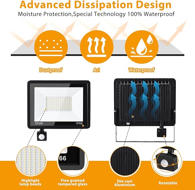 YANYCN 2 Pack 100W LED Motion Sensor Flood Light,Dusk to Dawn,IP66 Waterproof, 11800 Lumens, 5000K Daylight White, Super Bright Security Light for Garage, Front Porch, Barn