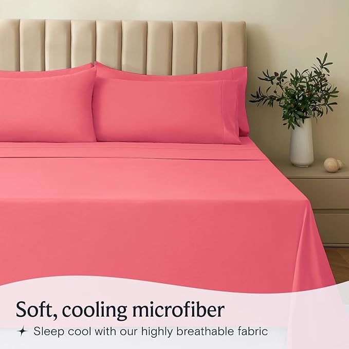 LuxClub 5 PC Sheet Set Bed Sheets Deep Pockets 16" Eco Friendly Wrinkle Free Cooling Machine Washable Hotel Bedding Silky Soft - Vermilion Split King